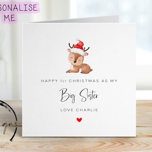 1. Weihnachten als meine große Schwester personalisierte Weihnachtskarte - Baby Rentier mit Weihnachtsmütze