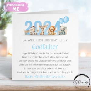 Tarjeta de cumpleaños personalizada del padrino - Nombre / EDAD Tema de la jungla azul Primer cumpleaños como mi poema CUALQUIER TEXTO 1º 30º 40º 50º 60º 70º 80º