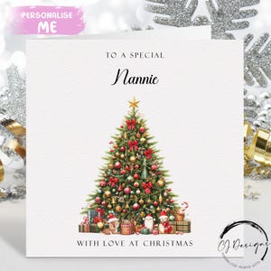 Carte de Noël nounou - Sapin de Noël décoré en vert et carte cadeaux