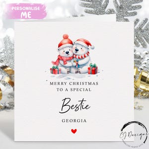 Tarjeta de Navidad personalizada Bestie - Tarjeta de oso polar y corazón rojo