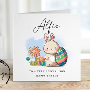 Carte de Pâques personnalisée pour fils avec nom - Illustration d'un lapin de Pâques et d'un oeuf de Pâques - Carte pour lui