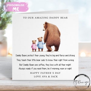 Cartão personalizado com poema para o dia dos pais do papai urso para até 4 crianças ou GÊMEOS - Papai e bebê urso QUALQUER VARIAÇÃO cartão para ele com nomes
