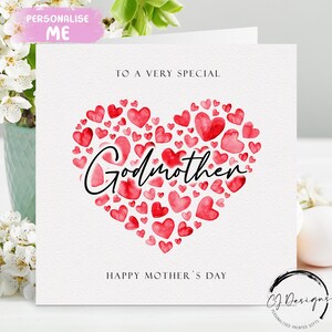 Tarjeta del Día de la Madre Madrina - Corazones rojos con CUALQUIER TEXTO - Tarjeta grande o pequeña - Su mensaje en el interior