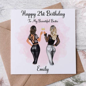 Gepersonaliseerde bestie 21e verjaardagskaart, je kiest haarstijl 20 om uit te kiezen, leeftijd en naamkaartje voor haar, 18e, 21e, 30e, 40e