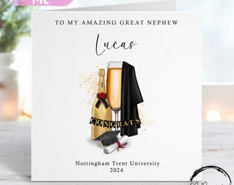 Personalised Great Nephew Graduation Card- with Cap, Scroll, Gown & Gold Champagne- Name and University Medium or Large card