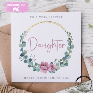 Cartão de aniversário personalizado para filha - Coroa de flores de eucalipto Qualquer idade/nome Cartão de felicitações 30, 40, 50, 60, 70, 80, 90, 100