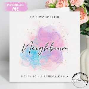 Personalisierte Geburtstagskarte für Nachbarn, Lila, Blau und Pink Splash Design für jedes Alter 18.19.20 21.30.40.50.60.65.70.80.90