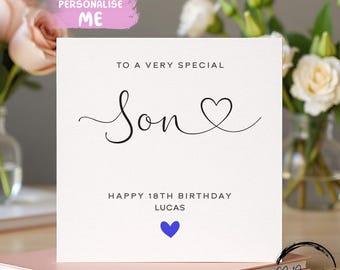 Personalised Son Birthday Card, Heart Font Any Age Name Customisable Greeting