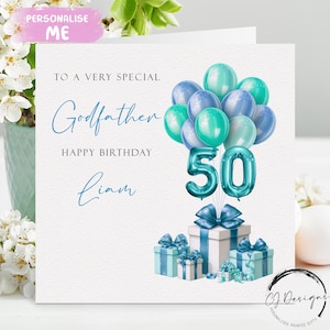 Tarjeta de cumpleaños personalizada para el padrino. Cualquier edad/nombre (azul/verde). Números y edades (globos, 18, 21, 25, 30, 40, 45, 50, 60, 65, 70 y 75).