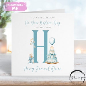 Tarjeta de bautizo personalizada para hijo, tarjeta de felicitación con inicial y fecha, recuerdo del día del bautizo.