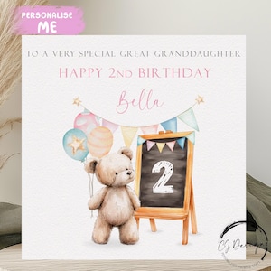 Cartão de aniversário personalizado para bisneta ursa - ursinho fofo com balões qualquer idade e nome para seu 1º 2º 3º 4º 5º 6º 7º 8º