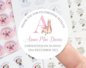 Personalised Christening Stickers -  Girls Pink Peter Rabbit Alphabet and Name and Date Thank You For Coming Sticker - 45mm /51mm/64mm