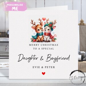 Biglietto di Natale personalizzato per figlia e fidanzato - Biglietto di coppia di renne amorevoli e cuore rosso