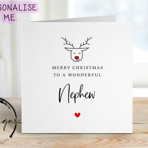 Kerstkaart voor neef met rode neus rendier, Merry Christmas-wenskaart Eenvoudig ontwerp kerstkaart