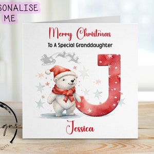 Tarjeta navideña personalizada con forma de oso polar para nieta, reno de Papá Noel, letra inicial y nombre