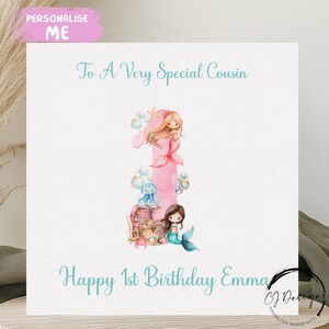 Cartão de aniversário personalizado para primos, nome de sereia rosa/cartão de felicitações para qualquer idade, 1º, 2º, 3º, 4º, 5º, 6º, 7º, 8º, 9º, 10º, lembrança