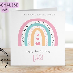 Biglietto di auguri di compleanno personalizzato per nipote - Biglietto di auguri arcobaleno rosa - Biglietto per lei - Qualsiasi età e nome 1°, 2°, 3°, 4°, 5°, 6°, 7°, 8°, 9°