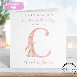 Tarjeta de bautizo personalizada para hija, con inicial y fecha, como conejito, recuerdo del día del bautizo.