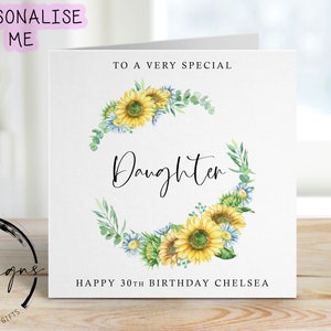 Carte d'anniversaire personnalisée pour fille - Couronne de tournesols tout âge/nom, carte de voeux pour ses 16, 18, 21 ans, 30, 40, 50, 60, 70 ans,