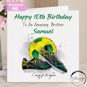 Cartão de aniversário personalizado para irmãos, amarelo e verde, pequeno ou grande, nome e idade do amante do futebol 6º, 7º, 8º, 9º, 10º, 11º, 12º e 13º