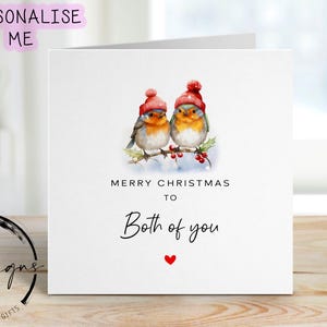 Cartão de Natal para vocês dois - Cartão de casal Robin usando chapéus de Natal e coração vermelho