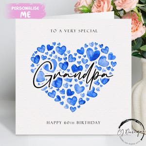 Biglietto di auguri di compleanno personalizzato per il nonno, cuori blu QUALSIASI TESTO /ETÀ/ 40° 50° 60° 65° 70° 75° 80° 85° 90° 95° 100°