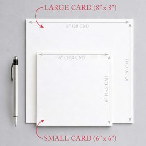 two different sizes of cards, with a pen and a ruler placed next to them. The larger card is labeled as a "Large Card (8" x 8") and the smaller card is labeled as a "Small Card (6" x 6") based on the provided dimensions.