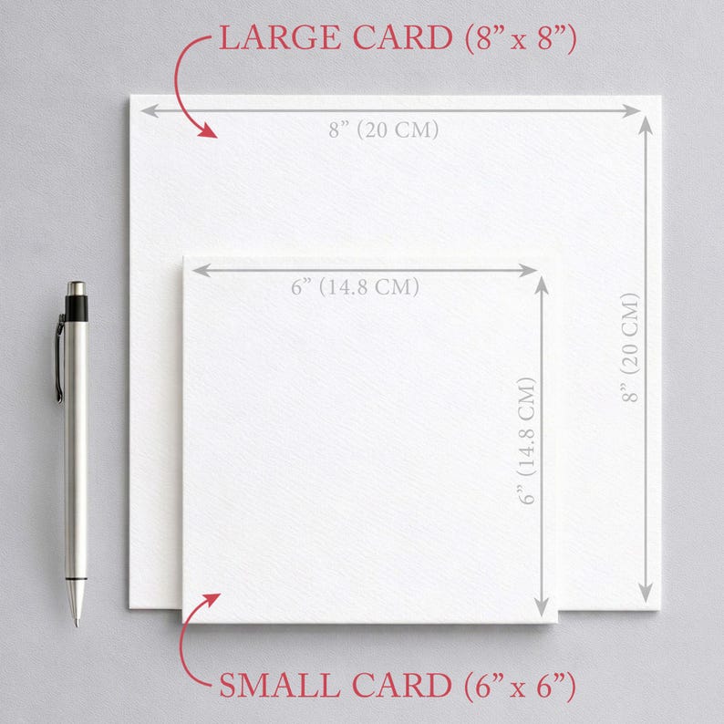 two different sizes of cards, with a pen and a ruler placed next to them. The larger card is labeled as a "Large Card (8" x 8") and the smaller card is labeled as a "Small Card (6" x 6") based on the provided dimensions.