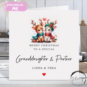 Biglietto di Natale personalizzato per nipote e partner - Biglietto di coppia di renne amorevoli e cuore rosso