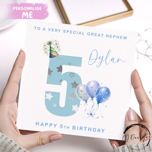 Cartão de aniversário personalizado para sobrinho-neto, número azul e balões, idade 1-10, 1º 2º 3º 4º 5º 6º 7º 8º 9º 10º com nome