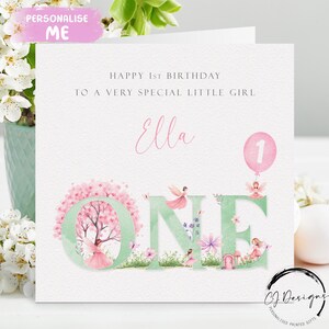 Tarjeta personalizada para el primer cumpleaños de una niña. Tarjeta de cumpleaños de hada rosa y verde. Primer cumpleaños de niña.