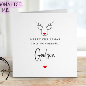 Kerstkaart voor Peetzoon met rood neusrendier, Merry Christmas-wenskaart Eenvoudig ontwerp kerstkaart