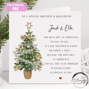 Biglietto di Natale personalizzato con poesia per fratello e fidanzata - Biglietto di Natale - Biglietto di coppia con albero e cuore rosso e nomi