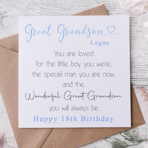 Biglietto di auguri di compleanno personalizzato per pronipote con citazione per il raggiungimento della maggiore età: 21°, 18°, 16°, 30°. Meraviglioso biglietto per lui.