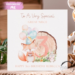Cartão de aniversário personalizado para sobrinha-neta, tema Woodland, raposa, ouriço, nome e idade - para menina 1ª, 2ª, 3ª, 4ª, 5ª, 6ª, 7ª, 8ª, 9ª, 10ª
