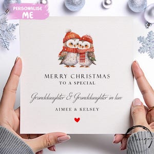 Biglietto di Natale per nipote e nuora, design personalizzato con gufo e nomi, biglietto personalizzato per coppia di donne, piccolo/grande, 15 cm o 20 cm