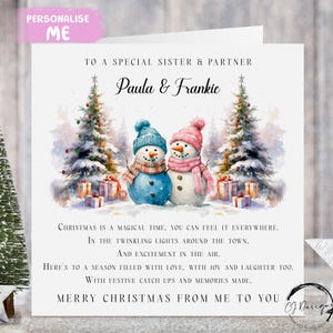 Gepersonaliseerde kerstkaart sneeuwpop koppelgedicht zus en partner met namen paarkaart van mij of wij