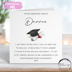 Carte personnalisée de remise des diplômes, poème oncle, avec casquette et faites défiler vers mon/notre nom et université, TOUTE ANNÉE