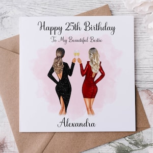 Gepersonaliseerde bestie 25e verjaardagskaart, jij kiest haarstijl 20 om uit te kiezen, leeftijd en naamkaartje voor haar, 18e, 21e, 30e, 40e
