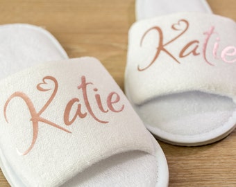 Bridesmaid slippers Personalised Wedding Day Slippers with name Bride, Bridesmaid Gift, Bridal Party , Hen Weekend Open Toes Spa Slippers