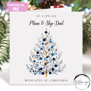 Carte de Noël pour maman et beau-père - Carte de couple arbre à thème bleu pour parents