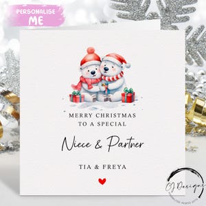 Tarjeta de Navidad personalizada para sobrina y pareja - Tarjeta de pareja de oso polar y corazón rojo