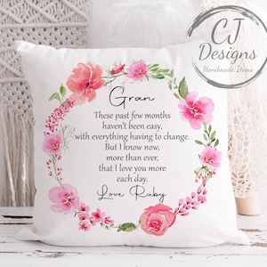Personalised Gran Cushion - Pink Floral Design Printed White Super soft- Quote- Grandma Granny-Nanna- Nannie