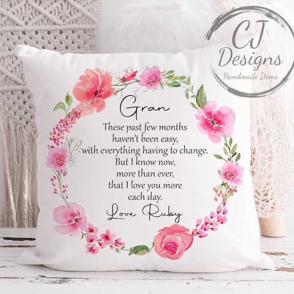 Personalised Gran Cushion - Pink Floral Design Printed White Super soft- Quote- Grandma Granny-Nanna- Nannie