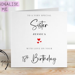 Carte d'anniversaire personnalisée pour soeur, de tous âges et noms - Carte coeur pour elle, 16e 18e 18e 21e 30e 40e 40e 50e 60e 70e 80e