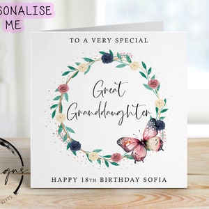 Carte d'anniversaire personnalisée pour arrière-petite-fille - couronne de papillons floraux pastel - tout âge/nom, carte de voeux 18, 21, 30, 40, 50