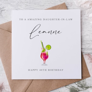 Biglietto di auguri di compleanno personalizzato per la nuora, biglietto di auguri per cocktail, biglietto di auguri per il suo 18°, 21°, 30°, 40°, 50°, 60°, qualsiasi età e nome