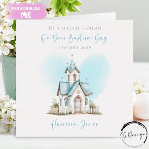 Tarjeta de bautizo personalizada para primo, iglesia azul con nombre y fecha, recuerdo del día del bautizo de niño pequeño.