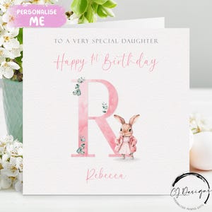 Personalisierte Tochter Geburtstagskarte, Anfangsname / Datum Rosa Häschen-Alphabet-Grußkarte jedes Alter, 1