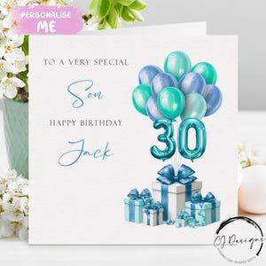Carte d'anniversaire de fils personnalisée tout âge/nom - bleu/vert ballons âge 16 17 18 21 25 30 40 45 50 60 65 70